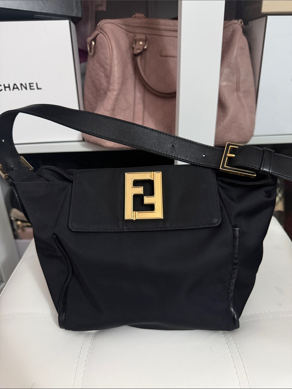 Authentic Fendi Black Nylon Shoulder Bag with Gold FF Clasp
